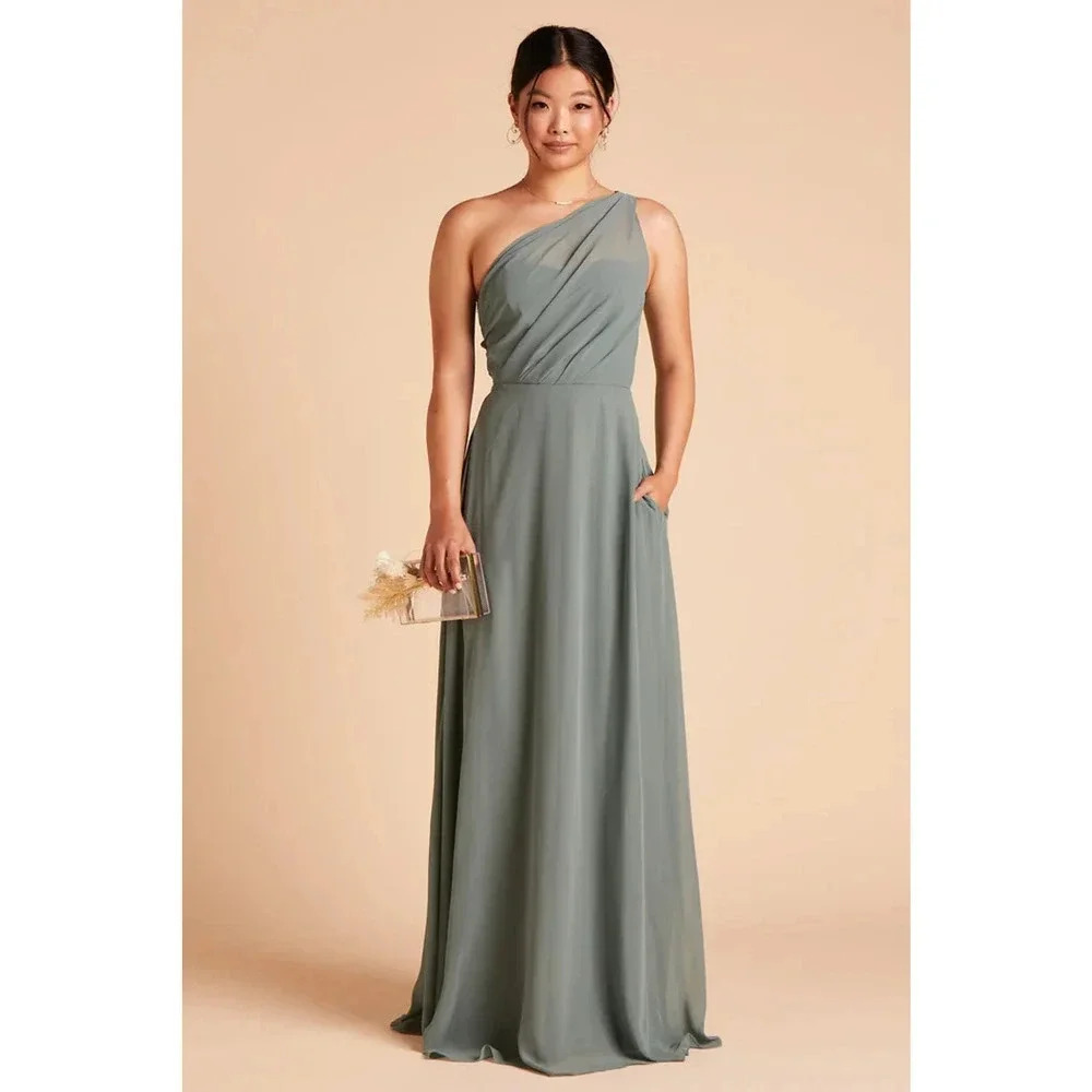 NWT Birdy Grey Kira Maxi Dress One Shoulder High Slit Side Pocket Sea Glass L